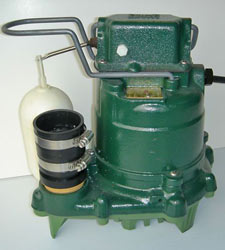 closeup of a Zoeller&reg; sump pump system with a cast-iron design and plastic float switch